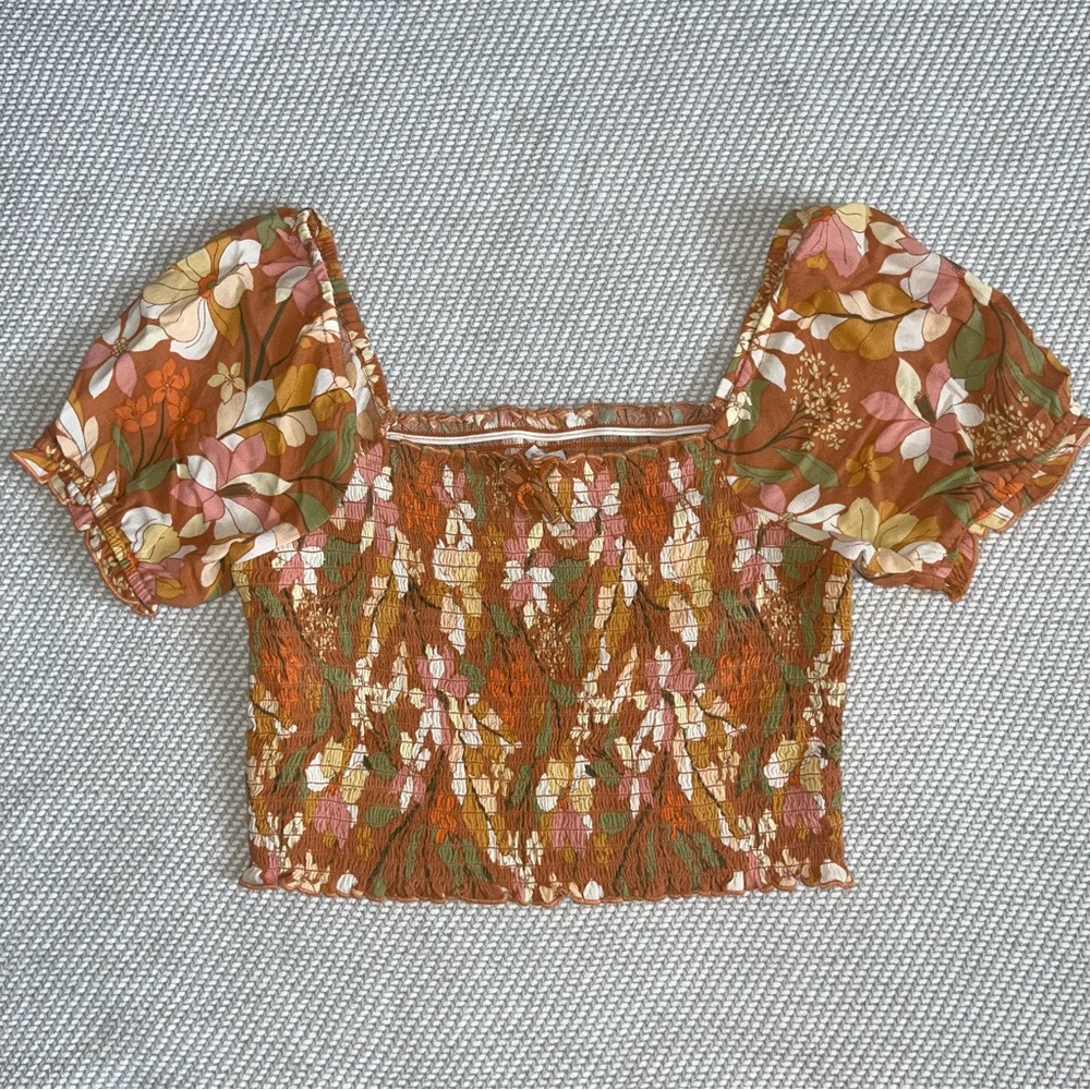 Aerie Smocked Orange Floral Square Neck Puff Sleeve crop Top Sz Xs